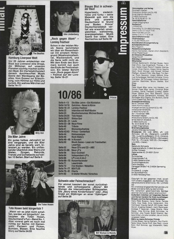 Musik Szene - Ausgabe 10/86 Content