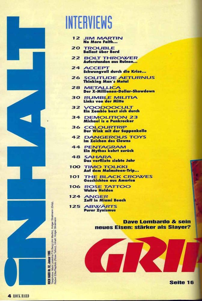 Rock Hard No. 92 Januar 1995 Content a