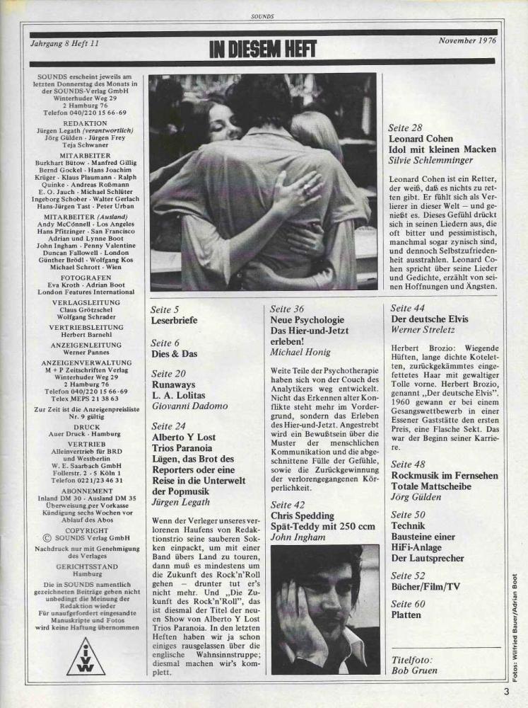 Sounds November 1976 Inhalt