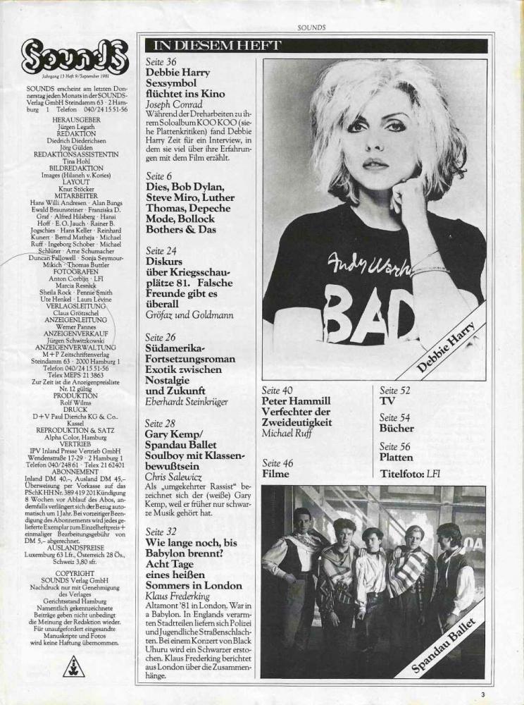 Sounds September 1981 content