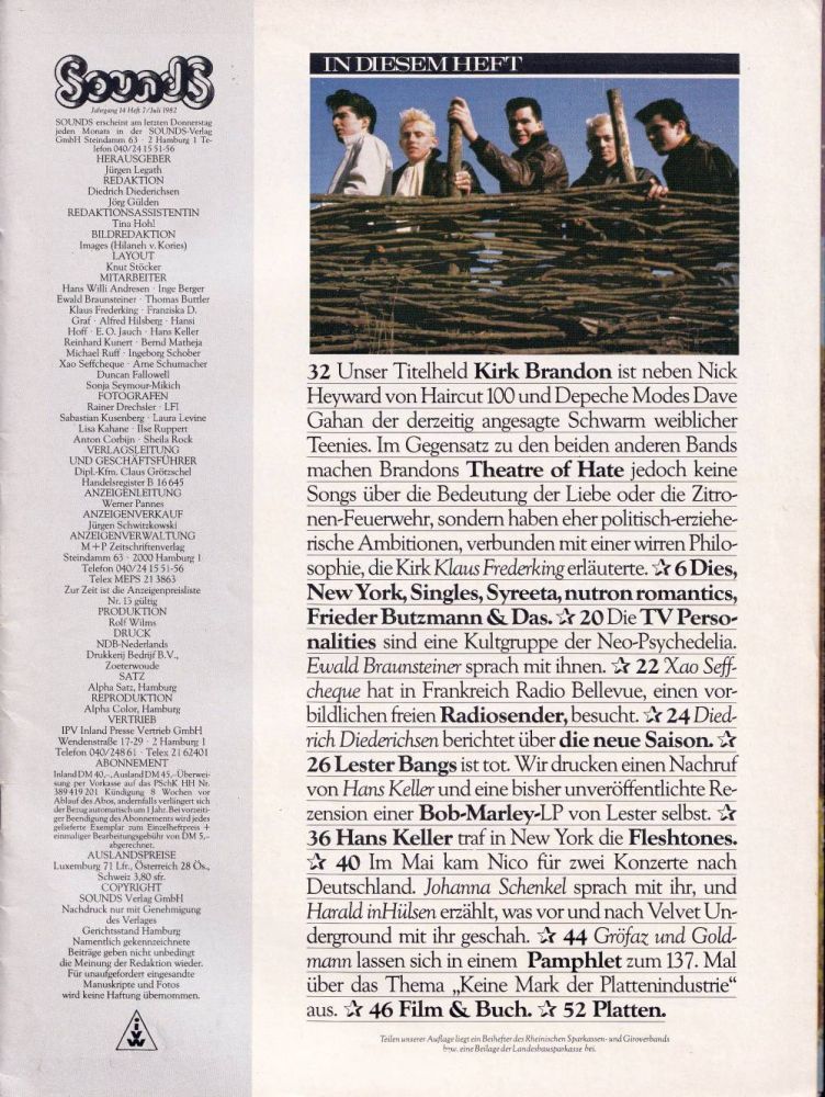 Sounds Juli 1982 Inhalt