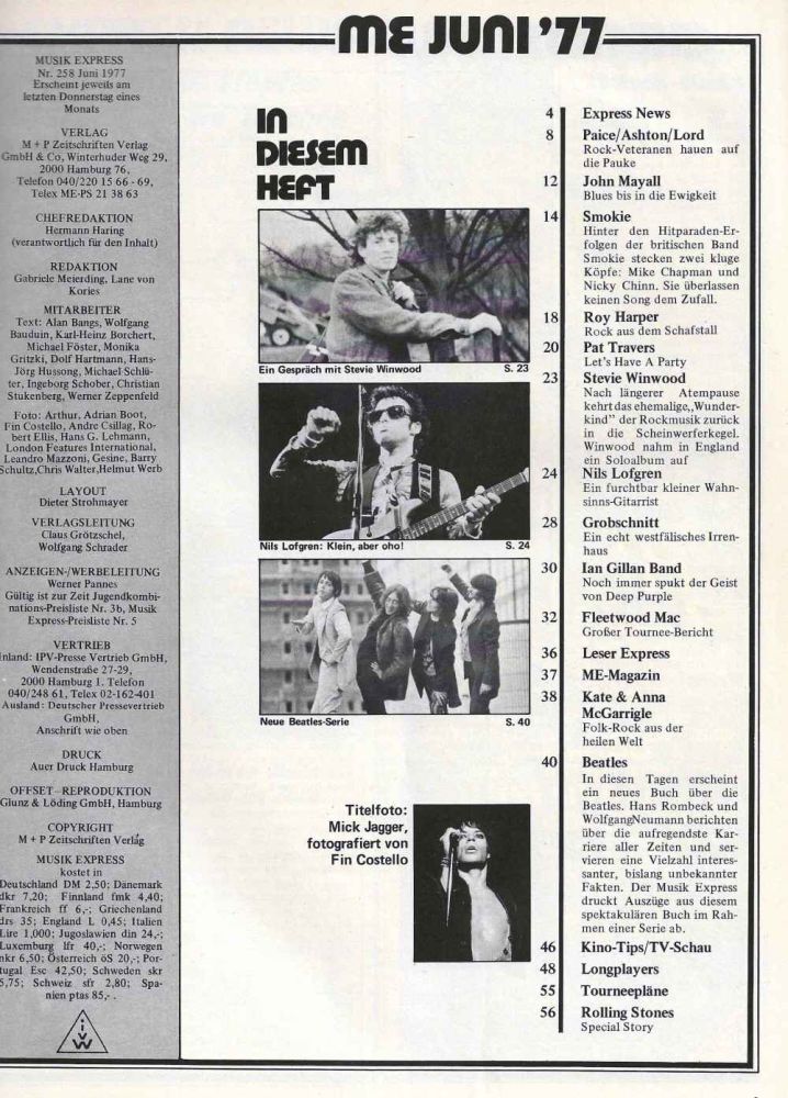 Musik-Express - Juni 1977 Inhalt