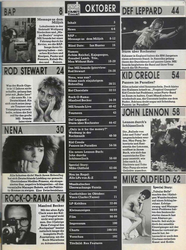 Musik-Express Sounds - Oktober 1983 Inhalt