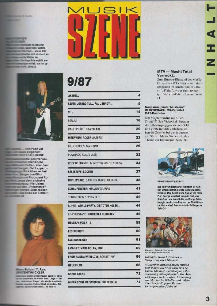Musik Szene - Ausgabe 09/87 Inhalt