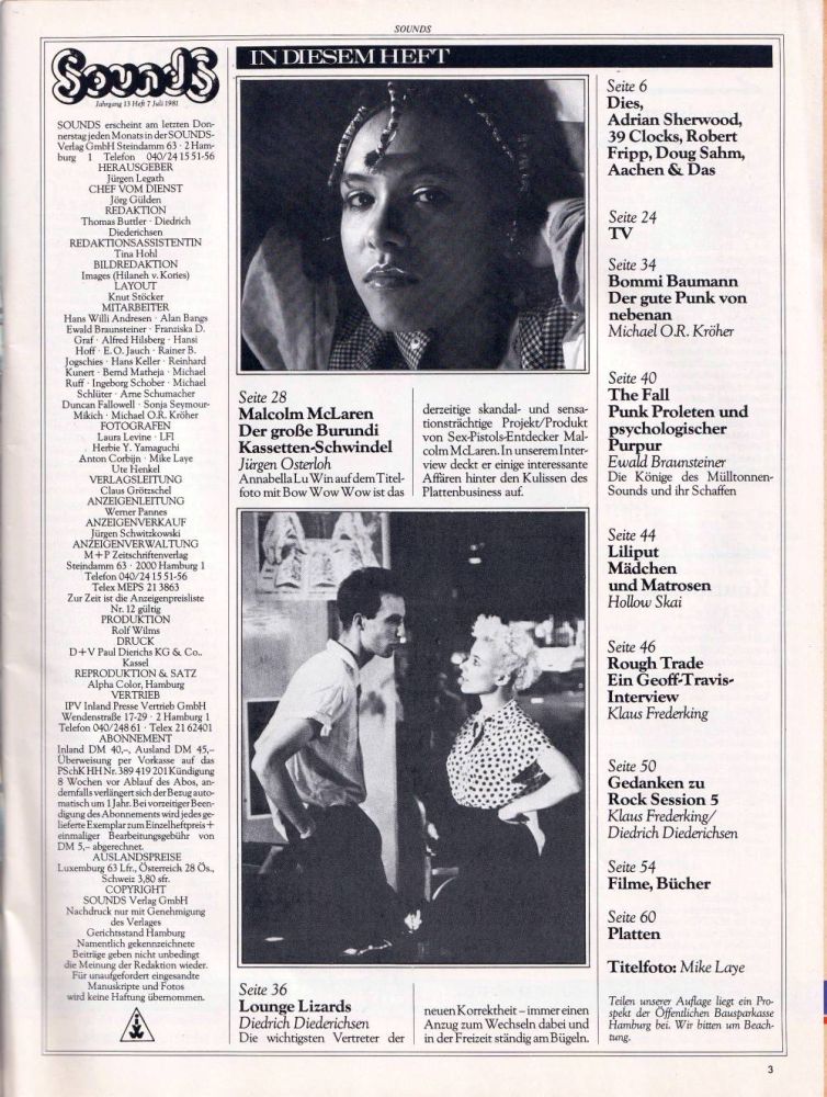 Sounds Juli 1981 Inhalt